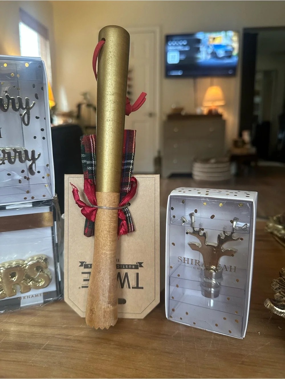 Christmas Cheer muddler , bottle stopper ,napkin rings, ornament hostess gift